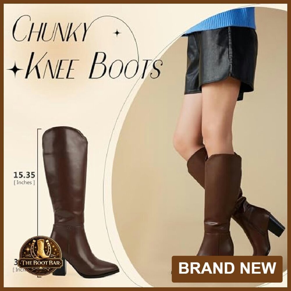 Knee High Boots Faux Leather Pointed Toe Chunky Heel Western Style - Picture 3 of 8